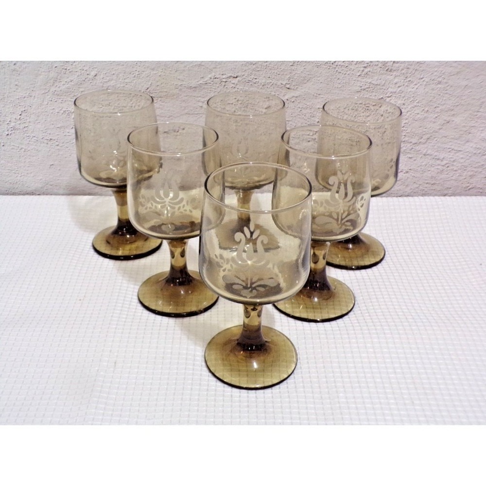 Pfaltzgraff Etched Wheat Pattern Water Glass Goblets, Smoke Brown Stems Set of 6